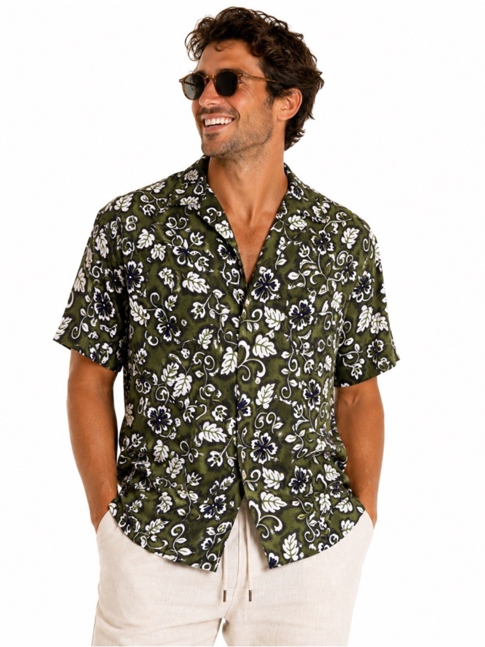 Sunset Highway Size Large 100% Cotton Green Floral Short Sleeve Hawaiian…